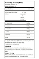 Nutritional information for USN BCAA Amino+, Blue Raspberry flavor, detailing serving size and ingredient composition.